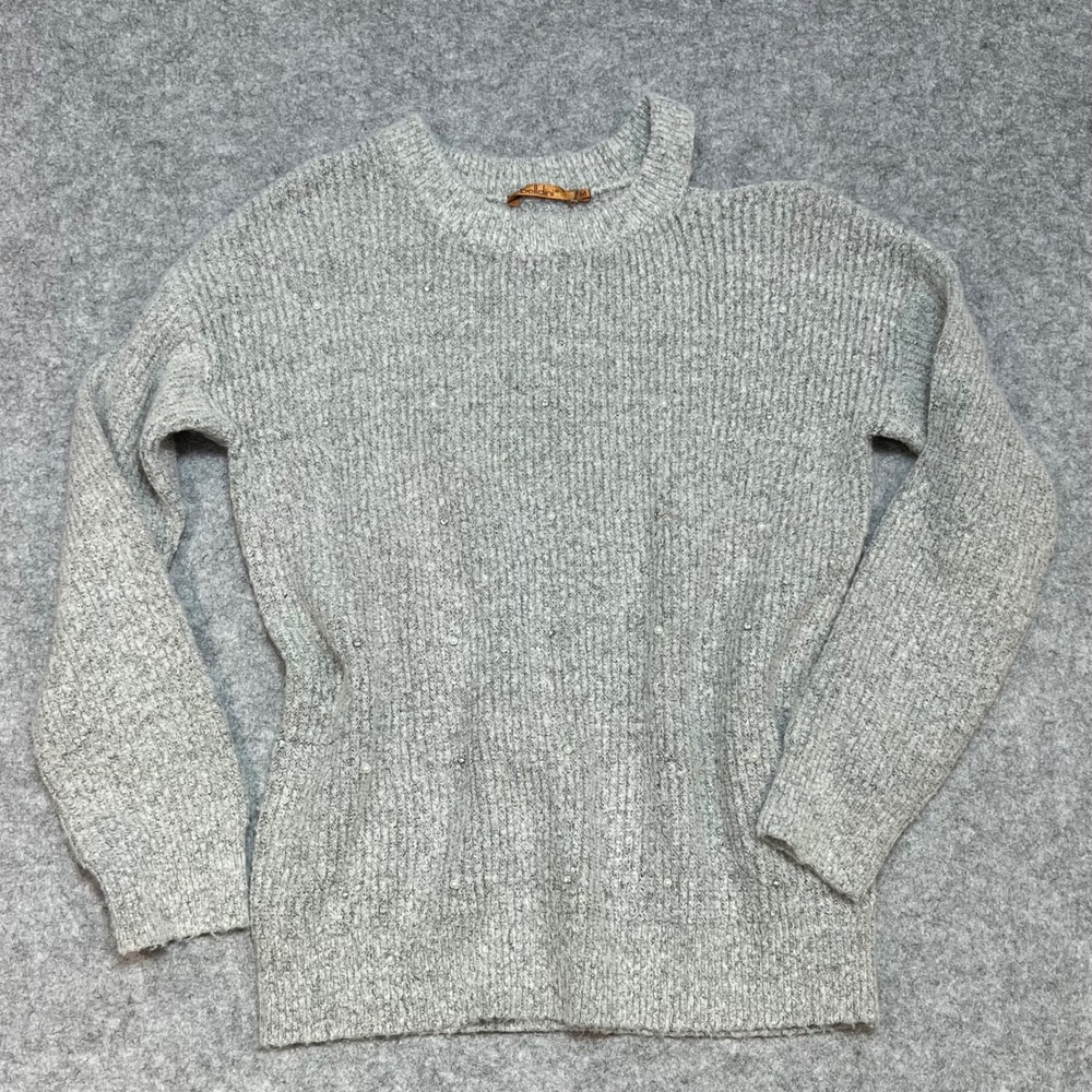 Bellini Light Grey Faux‎ Pearl Rhinestone Sequin Mock Neck Sweater Pullover M